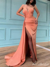 Elegant Peach Satin Pleated Mermaid Prom Dress- Corset Gown with Draped Train, PD37884