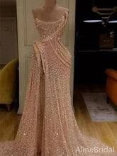 Sparkly Sequins Strapless Side Slit Pale Pink A-line Long Prom Dress, PD37885