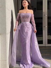 Luxury Lilac Tulle Off Shoulder Long Sleeve Prom Dress-Fairy Cape A-Line Evening Gown, PD37890