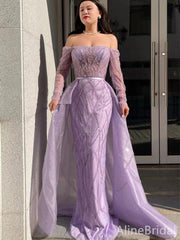 Luxury Lilac Tulle Off Shoulder Long Sleeve Prom Dress-Fairy Cape A-Line Evening Gown, PD37890