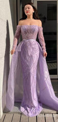 Luxury Lilac Tulle Off Shoulder Long Sleeve Prom Dress-Fairy Cape A-Line Evening Gown, PD37890