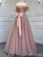 Elegant Dusty PinkA-line Long Prom Dress-Bow Tie Strapless Tulle Evening Dress, PD37891