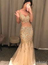 Sparkly Gold Tulle Sequins V-neck Backless Mermaid Prom Dress, Evening Gown, PD37900