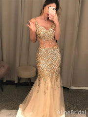 Sparkly Gold Tulle Sequins V-neck Backless Mermaid Prom Dress, Evening Gown, PD37900