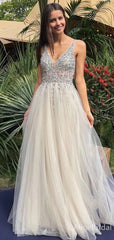 Sparkly Ivory Tulle V-neck Backless A-line Long Prom Dress, Beaded Evening Dress, PD37901