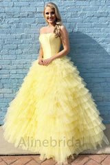 Stunning Yellow Ruffles Strapless A-line Long Prom Gown, PD3628