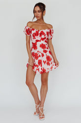 Linka Puff Sleeve Waist Tie Dress Floral Red