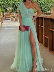 Unique One Shoulder Mint Green A-line Tulle Prom Dress with Slit, PD37909