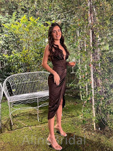 Sexy Chocolate V-neck Spaghetti Strap Mermaid Prom Dress with Slit, PD37637