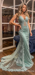 Elegant Mint Green Lace Mermaid Prom Dress - Vintage Sage Long Evening Gown with Train, PD37927