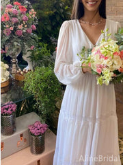 Elegant V-neck Long Sleeves A-line Ivory Long Prom Dress, PD37942