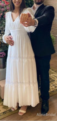 Elegant V-neck Long Sleeves A-line Ivory Long Prom Dress, PD37942