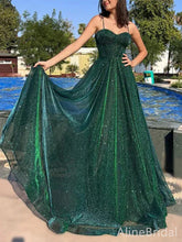 Sparkly Spaghetti Strap Green A-line Long Tulle Prom Dress, PD37946