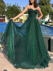 Sparkly Spaghetti Strap Green A-line Long Tulle Prom Dress, PD37946