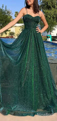 Sparkly Spaghetti Strap Green A-line Long Tulle Prom Dress, PD37946