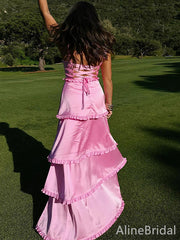 Elegant Pink Satin Ruffles A-line Prom Dress with SIDE, Evening Dress, PD37969