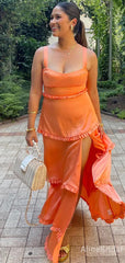 Elegant Orange A-line Long Tiered Prom Dress with Slit,PD37970