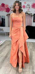 Elegant Orange Strapless Side Slit Long Prom Dress with Train, PD37971