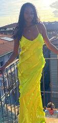 Sexy Yellow V-neck Spaghetti Strap Ruffles Mermaid Long Prom Dress, PD37972