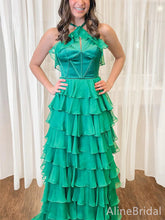 Unique Emerald Green Halter Tiered Ruffled Prom Dress-Low Back A-line Long Evening Dress, PD37975
