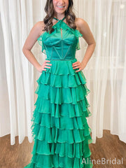 Unique Emerald Green Halter Tiered Ruffled Prom Dress-Low Back A-line Long Evening Dress, PD37975