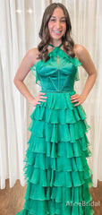 Unique Emerald Green Halter Tiered Ruffled Prom Dress-Low Back A-line Long Evening Dress, PD37975