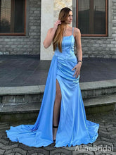 Elegant Blue Square High Slit Mermaid Prom Dress-Spaghetti Strap Long Evening Dress,PD37990