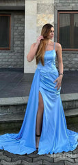 Elegant Blue Square High Slit Mermaid Prom Dress-Spaghetti Strap Long Evening Dress,PD37990