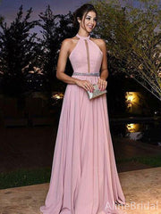 Elegant Halter Chiffon A-line Long Prom Dress with Beaded Sash, Evening Dress, PD38002