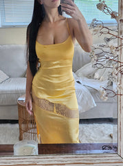 Unique Yellow Satin Backless Mermaid Long Prom Dress, PD3638