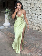 Sexy V-neck Sage Green Side Slit Mermaid Long Prom Dress, PD37999