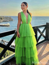 Sexy V-neck Green A-line Long Tiered Tulle Prom Dress, PD37996