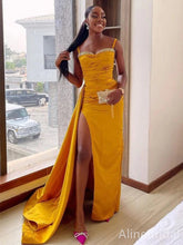 Elegant BeadingSpaghetti Strap Yellow Side Slit Mermaid Long Prom Dress,PD38030