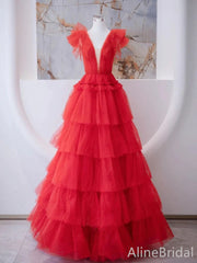 Simple Red Deep V-neck A-line Long Ruffles Tiered Tulle Prom Dress, Evening Gown with SleevesPD38056