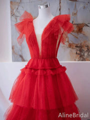 Simple Red Deep V-neck A-line Long Ruffles Tiered Tulle Prom Dress, Evening Gown with SleevesPD38056