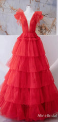 Simple Red Deep V-neck A-line Long Ruffles Tiered Tulle Prom Dress, Evening Gown with SleevesPD38056