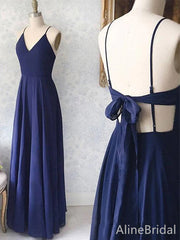 Elegant Navy Blue V-neck Backless A-line Prom Dress-Bow Tie Long Evening Dress PD38068