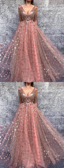 Sparkly Peach Pink Star Sequins A-line Tulle Prom Dress, PD00287