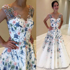 Elegant Floral Beaded Ivory A-line Prom Dress, Evening Dress, PD00216