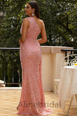 Sexy Pink Sequins One shoulder Cutout Long Prom Dress with Slit, PD3608