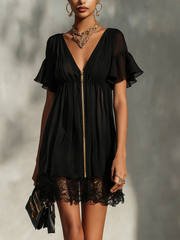 Mini Dress With Lace Trim Zipper Closure
