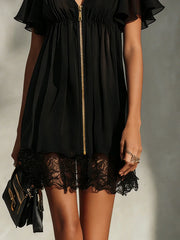 Mini Dress With Lace Trim Zipper Closure