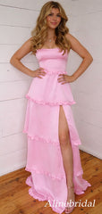 Elegant Pink Satin Ruffles A-line Prom Dress with SIDE, Evening Dress, PD37969