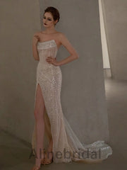 Sexy Strapless Sleeveless Side slit Sheath Long Prom Dress, PD3597