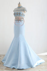 Stunning Pale Blue Beaded See Through Top Cap Sleeve Mermaid Prom Dresses,PD00066