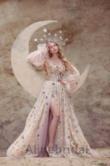 Elegant V-neck Long sleeves Side slit A-line Long Prom Dress, PD3623