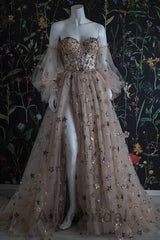Elegant V-neck Long sleeves Side slit A-line Long Prom Dress, PD3623