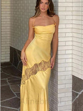 Unique Yellow Satin Backless Mermaid Long Prom Dress, PD3638