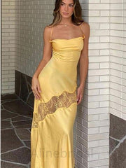 Unique Yellow Satin Backless Mermaid Long Prom Dress, PD3638