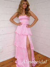 Elegant Pink Satin Ruffles A-line Prom Dress with SIDE, Evening Dress, PD37969